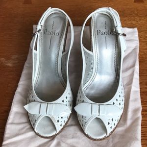 Linea Paolo white patent leather wedges